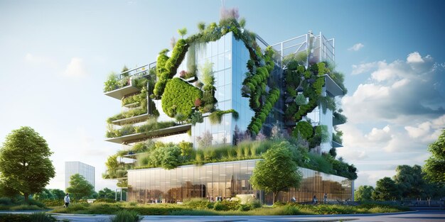 Sustainable green building in modern city Green architecture Ecofriendly building Sustainable residential building with vertical garden reduce CO2 Apartment with green environment