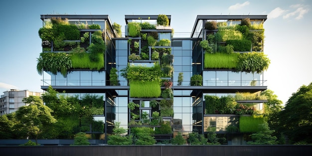 Sustainable green building in modern city Green architecture Ecofriendly building Sustainable residential building with vertical garden reduce CO2 Apartment with green environment