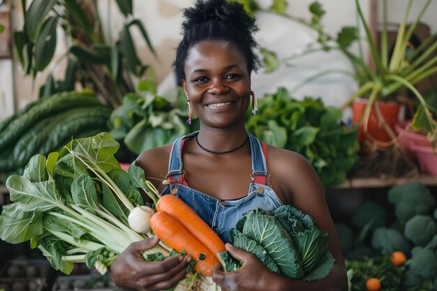 Sustainable Harvest Woman Holding Fresh Vegetables like Broccoli carrots peppers cucumber and greens