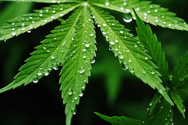 Sustainable hemp Cannabis plant thrives with minimal water due to raindrops on its leafs