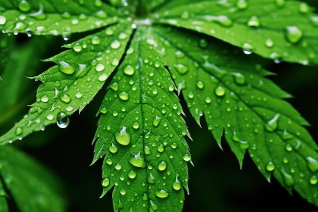 Sustainable hemp Cannabis plant thrives with minimal water due to raindrops on its leafs