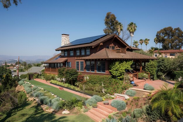 Photo sustainable home in los angeles california with solar panels to generate clean energy