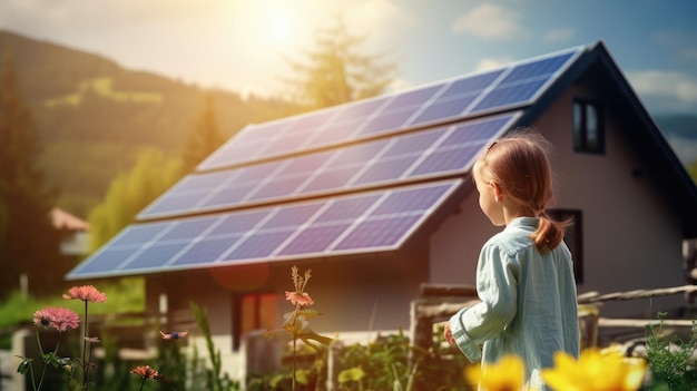 Sustainable home view moment as a dad holds his little girl both admiring their house adorned with solar panels