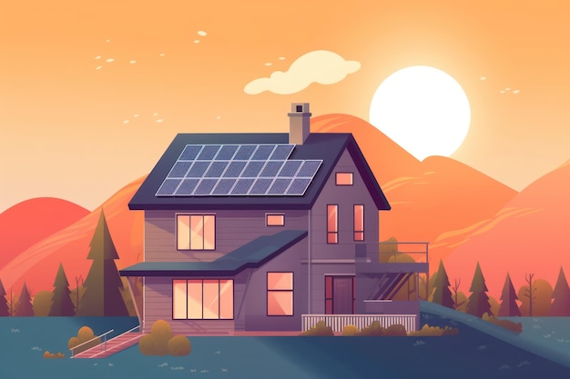 Экологичный дом с солнечными панелями на крыше с генеративным искусственным интеллектом