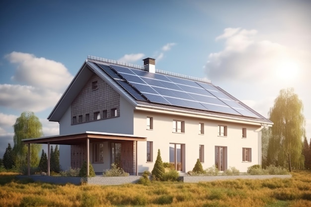 Экологичный дом с солнечными панелями на крыше с генеративным искусственным интеллектом
