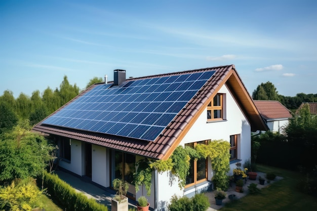 Устойчивый дом с солнечными панелями на баннере крыши
