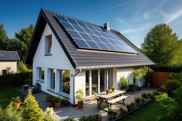 Sustainable house with solar panels on the roof banner