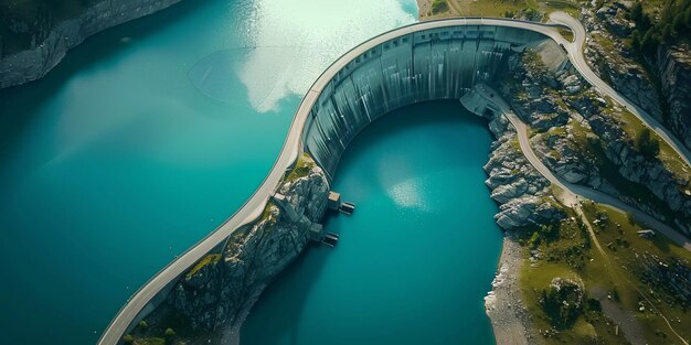 A sustainable hydropower reservoir in the Swiss Alps mountains producing renewable energy to combat global warming seen from above in the summer