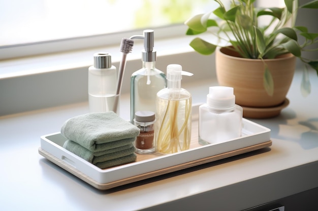 Sustainable Hygiene Essentials Stacked on Bathroom Table A Display of EcoFriendly Hygiene Products