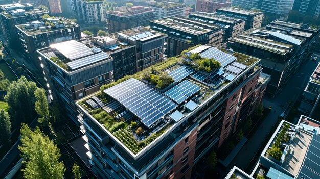 持続可能なイノベーションと建築の優雅さ - SDAの屋根上の太陽電池パネルの空中写真