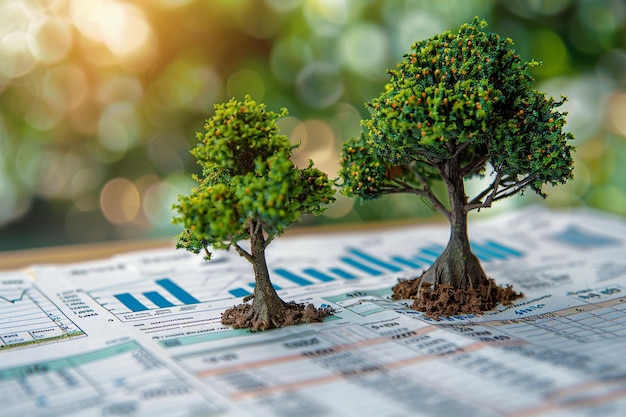 sustainable investment two miniature trees growing on financial report with a rising graph symbolizi