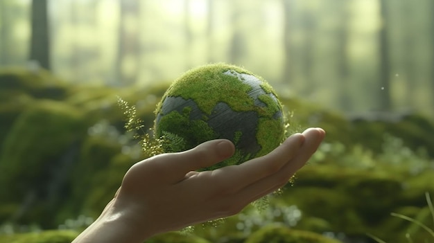 緑の地球を持っている持続可能な生活環境保護主義者の手