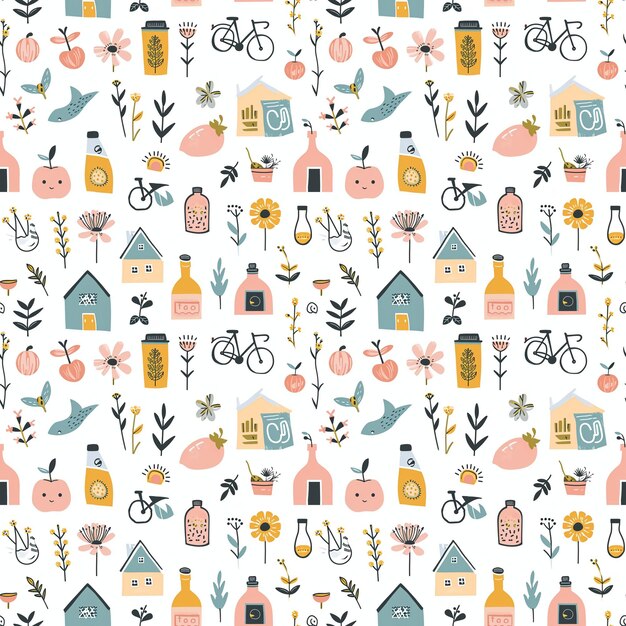 Sustainable living motifs seamless pattern Gift wrapping background World Environment Day