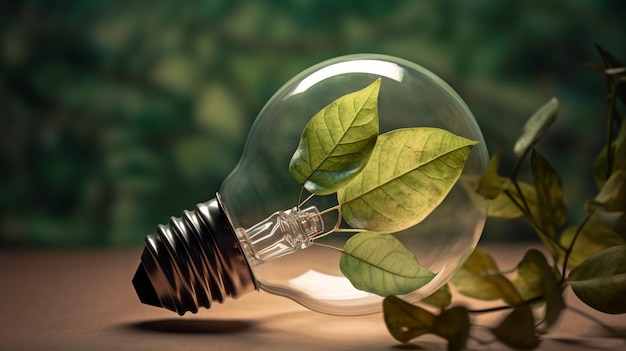 지속가능한 생활과 신재생에너지 컨셉 신선한 잎으로 만든 친환경 조명 AI 제너레이터
