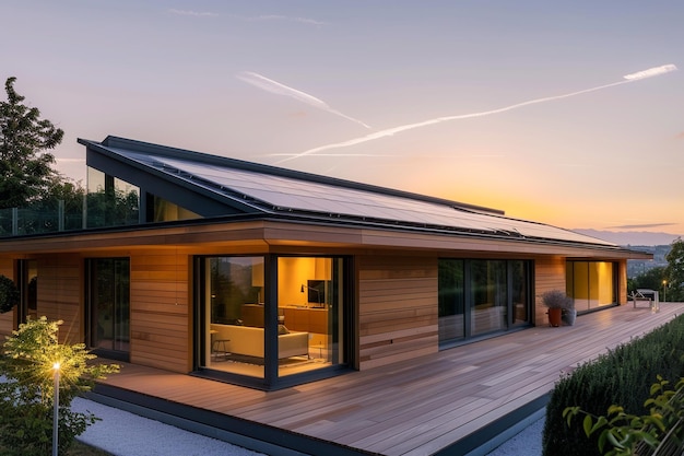 持続可能で新しいエコフレンドリーな家明るい空の下の屋根にソーラーパネルが設置されています