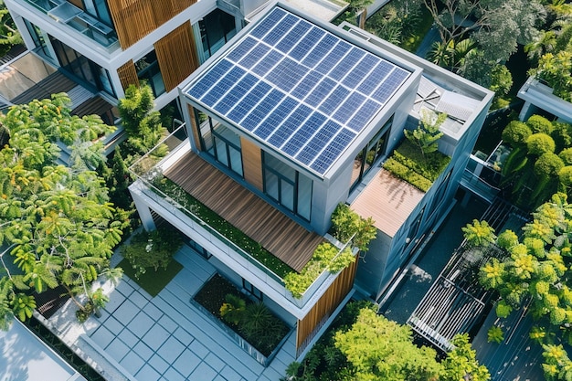 Sustainable and new eco friendly house with solar panels on the roof under a bright sky