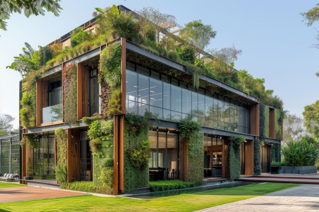 A sustainable office building facade made from locally sourced and recycled materials