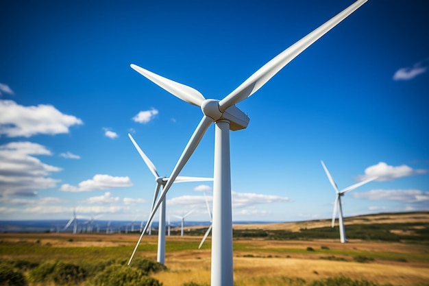 Sustainable power Wind turbine close up against a blue sky