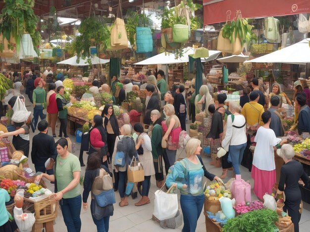 Sustainable shopping a bustling market showcasing eco friendly products ai generated