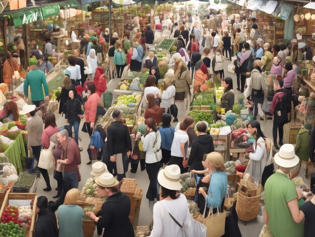 Foto shopping sostenibile, un mercato vivace che mette in mostra prodotti ecologici generati