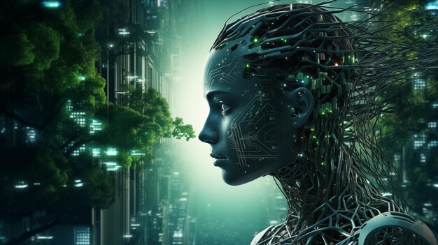 Sustainable Smart City Watched Over by AI Female Cyborg Big Data Connected Future Environment