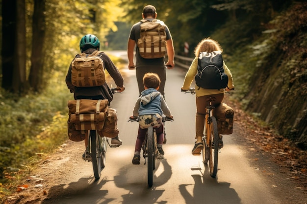 Sustainable travel Environmentalist family riding a bike together in the forest