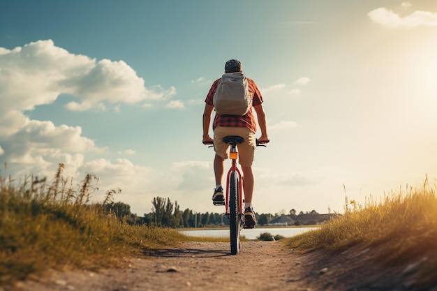 持続可能な旅行 自転車に乗る旅行者の後ろの景色 持続可能な観光と低炭素フットプリント