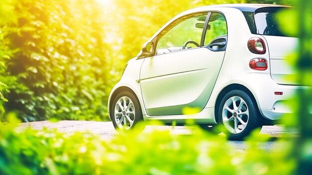 Sustainable trip on electric vehicle EV car Small green electric car on green trees background
