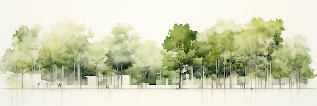 持続可能な都市計画の水彩イラスト 緑豊かな公園のコンセプト