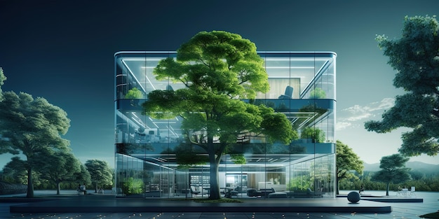 Sustainble green building Ecofriendly building Sustainable glass office building with tree for reducing carbon dioxide Office with green environment