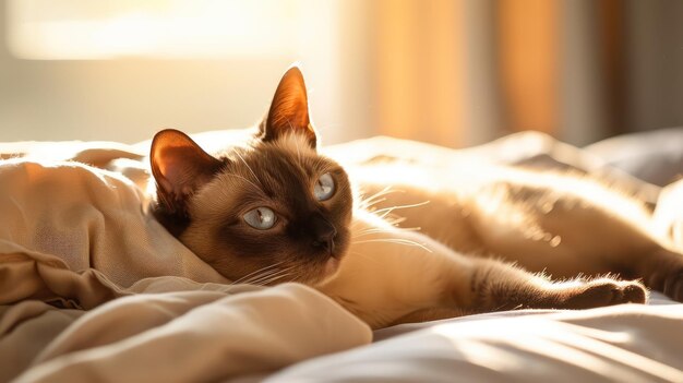 Sute Burmese cat lying in bed at home