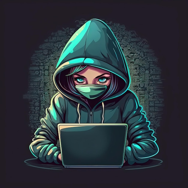 Sute girl hacker with laptop Avatar in cartoon style Black background Generated Ai