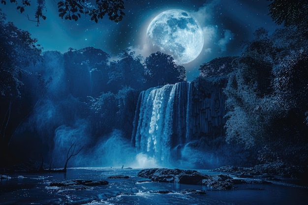 Photo sutteral moon waterfall in dark blue color