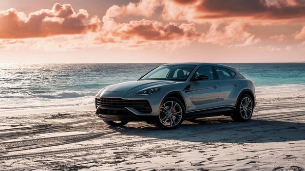 a SUV car parked on a beach with stunning ocean views