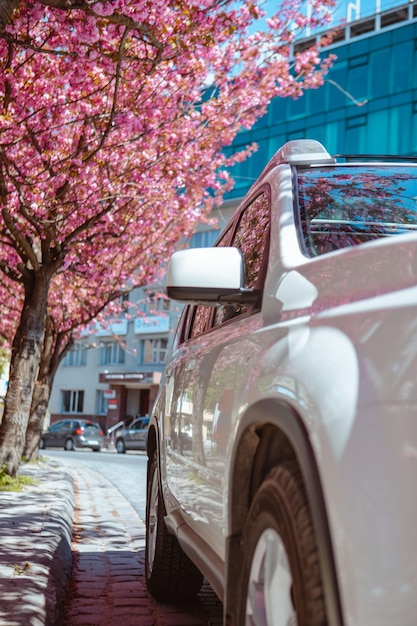 Suv car parked under blooming sakura tree at sunny spring day