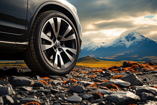 SUV car on top of mountain with beautiful scenery closeup wheel Generate Ai