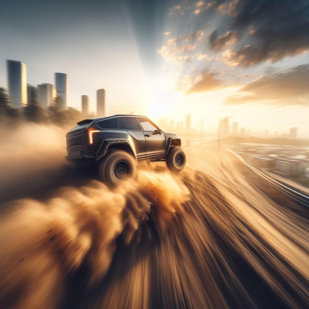 suv crossover go fast in city suburbs sunrise motion blur golden hour off road