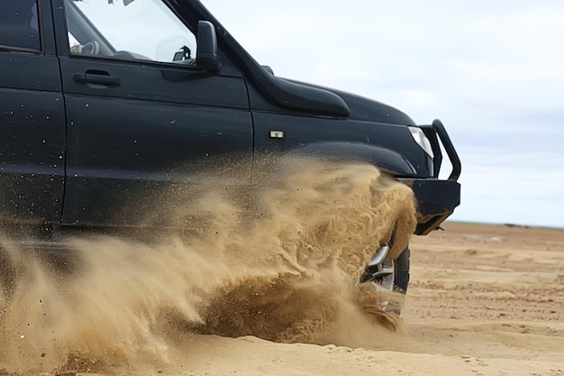 砂漠でのSUV /古いヴィンテージの全地形対応車、砂浜での砂漠での遠征、極端な車