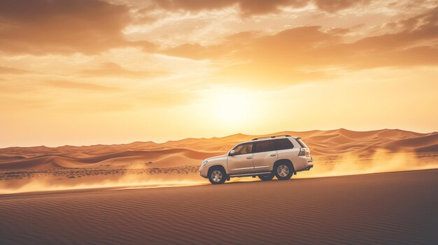 Photo suv driving through desert dunes kicking up sand on vast desert landscape at sunset