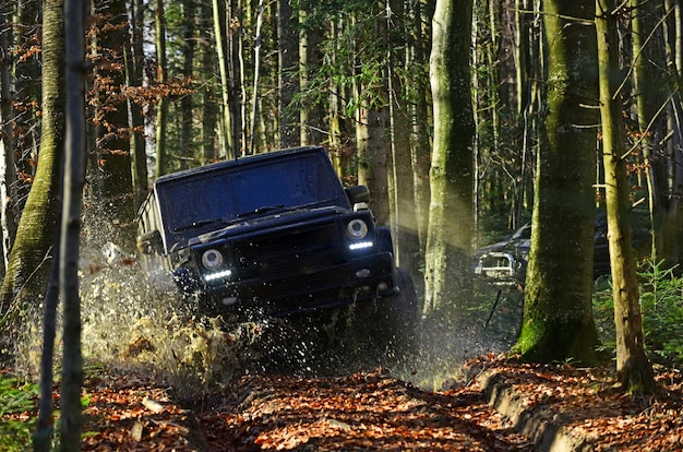 Suv or offroad car on path covered with leaves crossing puddle
with water splash offroad race on fall nature background extreme
challenge and 4x4 vehicle concept car racing in autumn forest