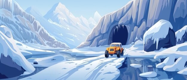 雪に覆われた山の道に沿って走るSUV 冬の道に乗るバギー ゼネレーティブ・アイ・オフロード