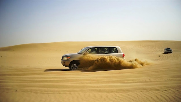 Suv trip for tourists in the desert stock group of people driving off road car in the vietnam desert