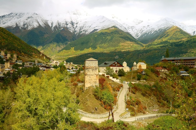 Svan Towerhouses in the Town of Mestia UNESCO World Heritage Site in the Upper Svaneti of Georgia