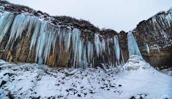 写真 青みがかった鍾乳石と雪で完全に凍ったスヴァルティフォス アイスランドの黒い滝