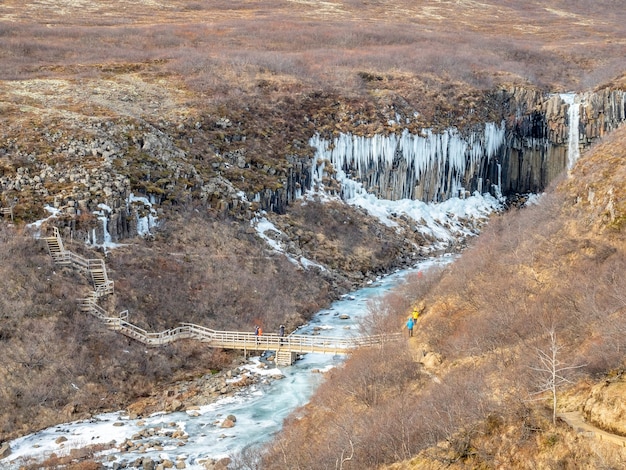 검은 애벌레 사이 Vatnajokull 국립 공원에 위치한 아이슬란드의 Svartifoss 폭포