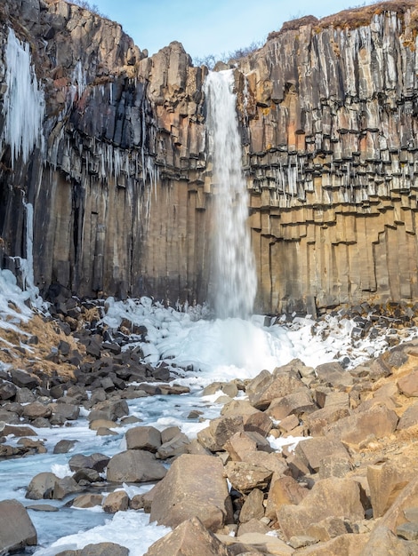 Svartifoss waterfall in Iceland located in Vatnajokull national park among black larva