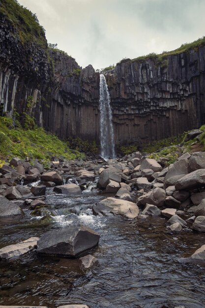 Svartifoss waterfall on rock landscape photo