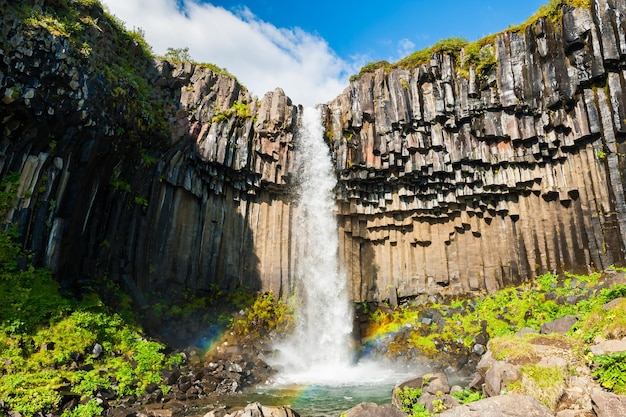 Svartifoss-waterval met basaltkolommen. Nationaal park Skaftafell, Zuid-IJsland