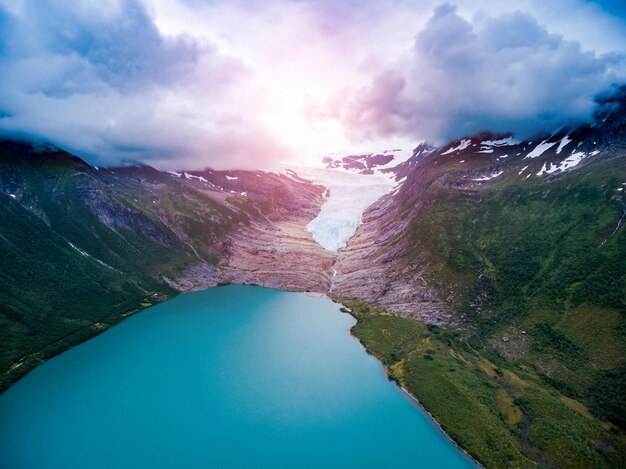 Svartisen Glacier in Norway Aerial view. Svartisen is a collective term for two glaciers located in northern Norway. Water from the glacier is collected and used for hydropower production.