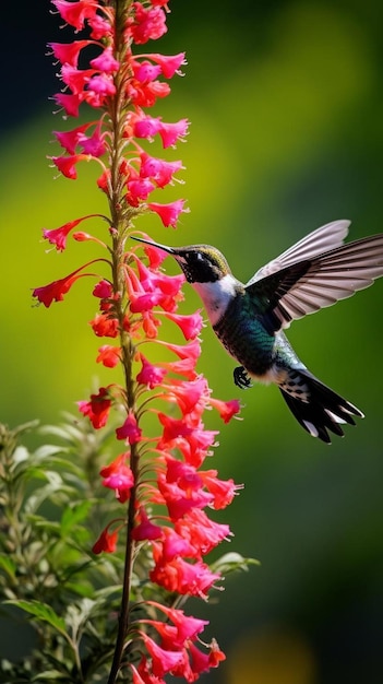 Swallow tail humming bird or doctor bird or trochilus polytmus drinking nectar